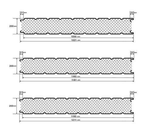Сэндвич-панель для холодильных камер с пенополиуретаном, ширина 1000 мм, толщина 200 мм, 0.5/0.5, RAL1018